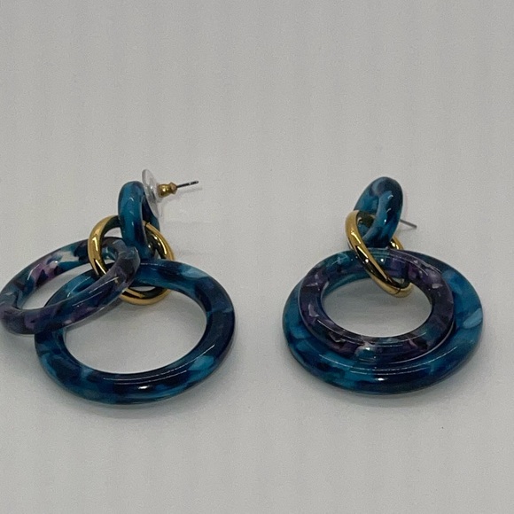 Lele Sadoughi blues/purple/sea colors- acetate hoops w/ gold accentes on ring. - Picture 3 of 4